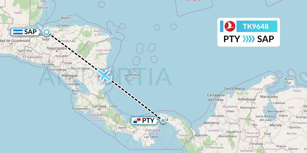 TK9648 Turkish Airlines Flight Map: Panama City to San Pedro Sula