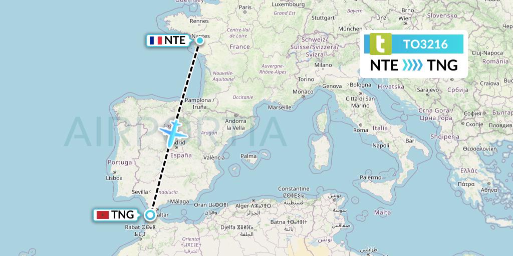 TO3216 Transavia France Flight Map: Nantes to Tangier