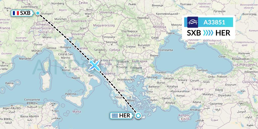 A33851 Aegean Airlines Flight Map: Strasbourg to Heraklion