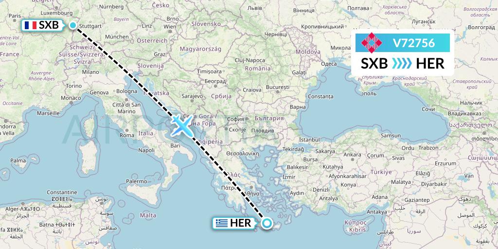 V72756 Volotea Flight Map: Strasbourg to Heraklion