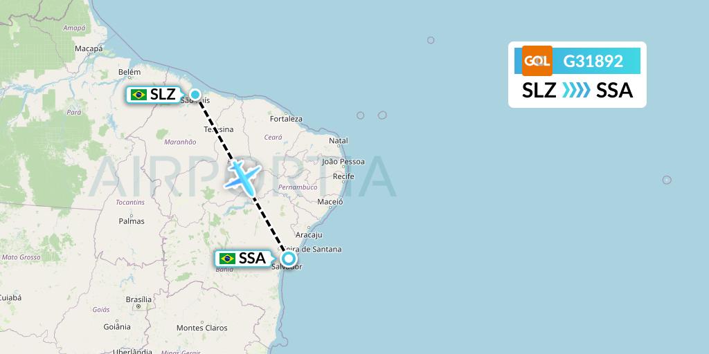 G31892 GOL Transportes Aeros Flight Map: Sao Luis to Salvador