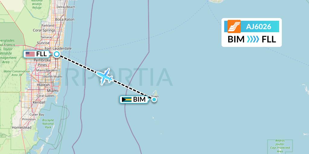 AJ6026 Aztec Airways Flight Map: South Bimini to Fort Lauderdale
