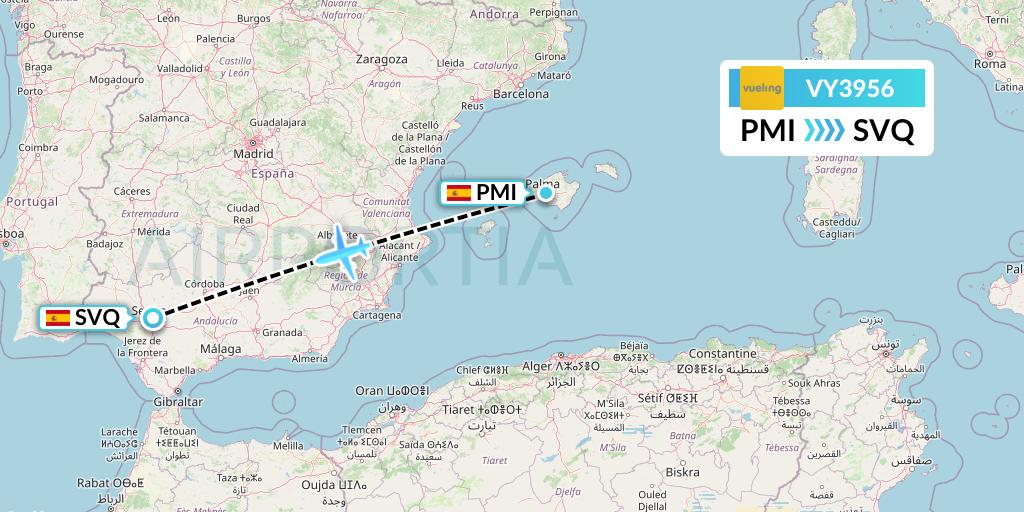 VY3956 Vueling Flight Map: Palma de Mallorca to Seville