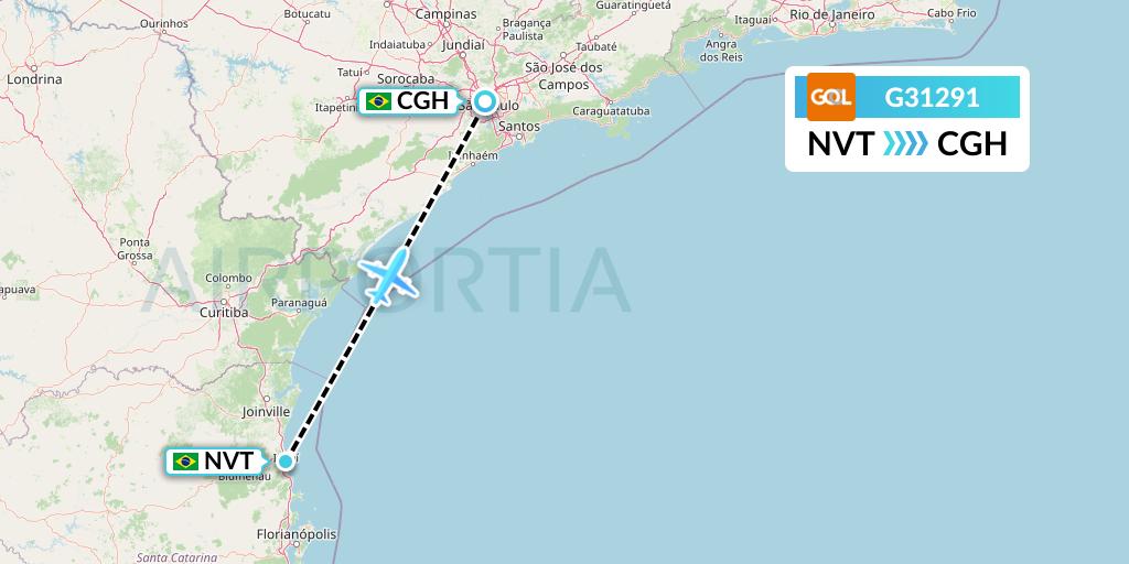 G31291 GOL Transportes Aeros Flight Map: Navegantes to Sao Paulo