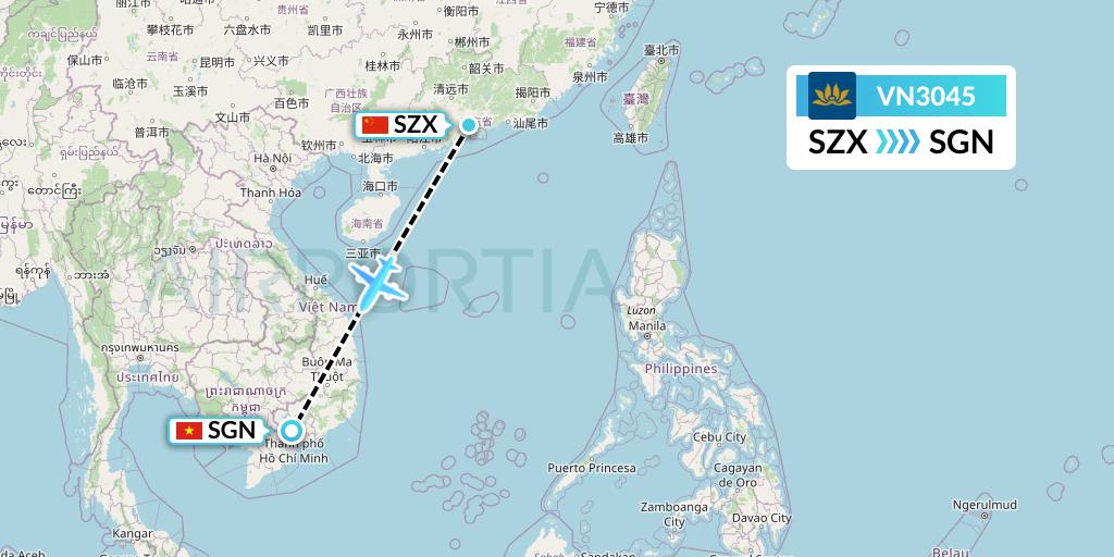VN3045 Vietnam Airlines Flight Map: Shenzhen to Ho Chi Minh City