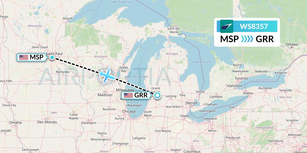 WS8357 WestJet Flight Map: Minneapolis to Grand Rapids