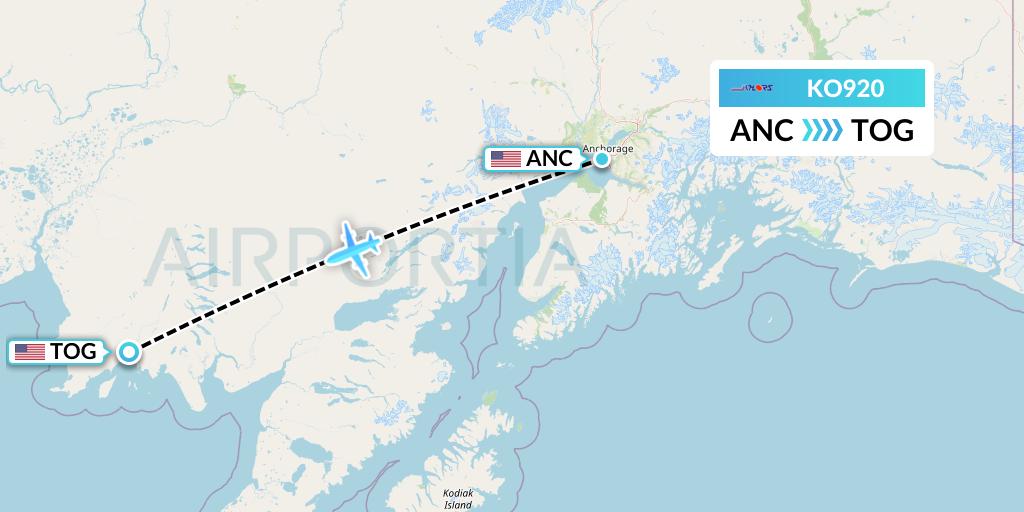 KO920 Komiaviatrans Flight Map: Anchorage to Togiak Village