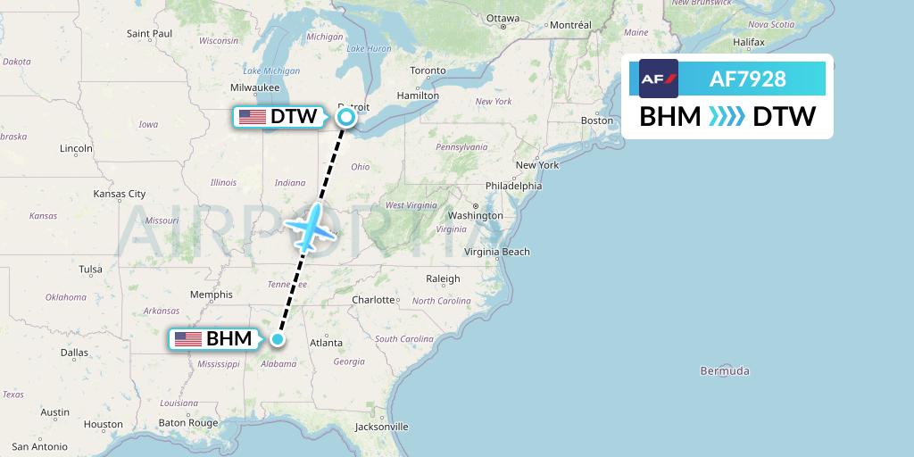 AF7928 Air France Flight Map: Birmingham to Detroit