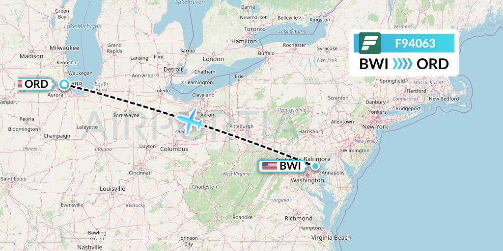 F94063 Frontier Airlines Flight Map: Baltimore to Chicago