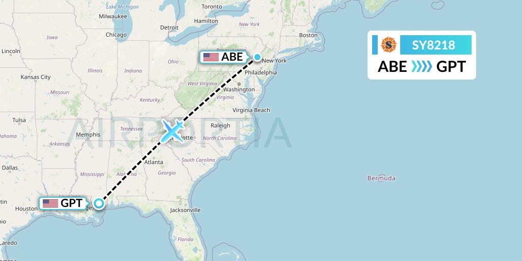 SY8218 Sun Country Airlines Flight Map: Allentown to Gulfport