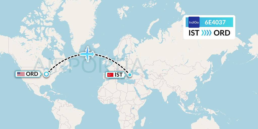 6E4037 IndiGo Airlines Flight Map: Istanbul to Chicago