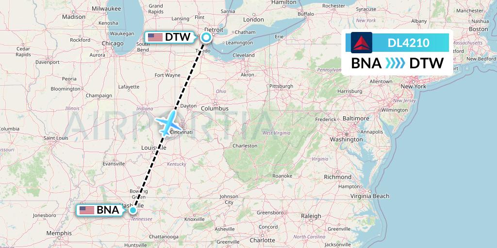 DL4210 Delta Air Lines Flight Map: Nashville to Detroit