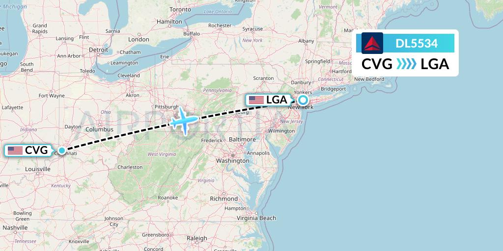 DL5534 Delta Air Lines Flight Map: Cincinnati to New York