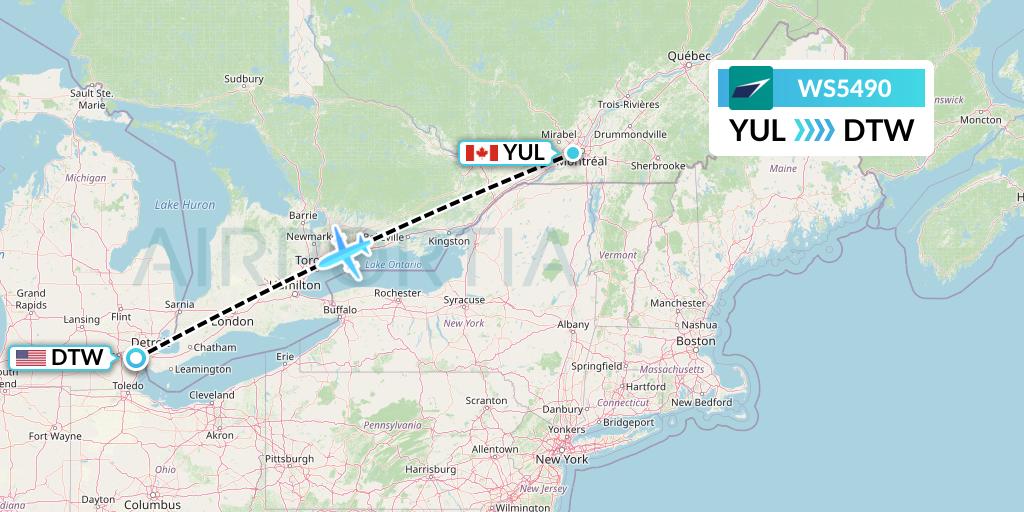 WS5490 WestJet Flight Map: Montreal to Detroit
