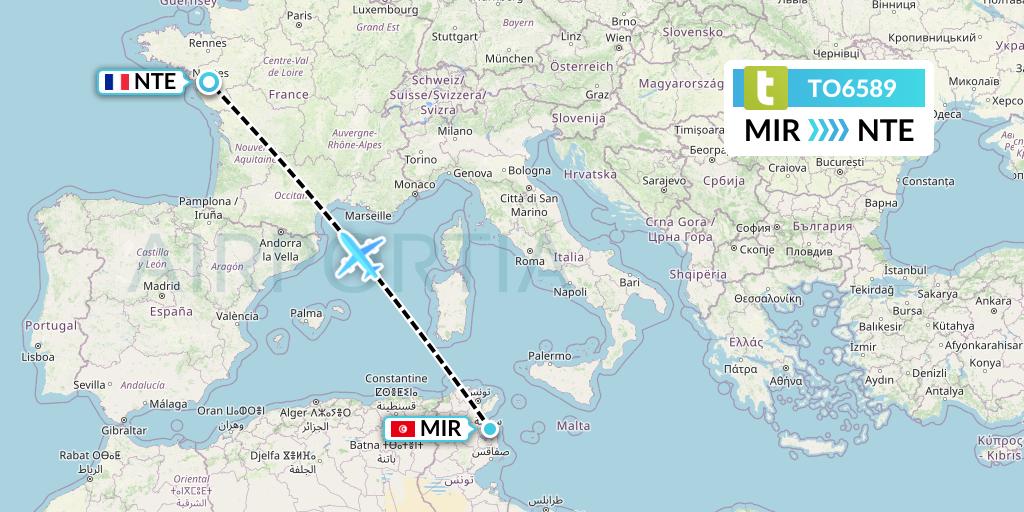 TO6589 Transavia France Flight Map: Monastir to Nantes