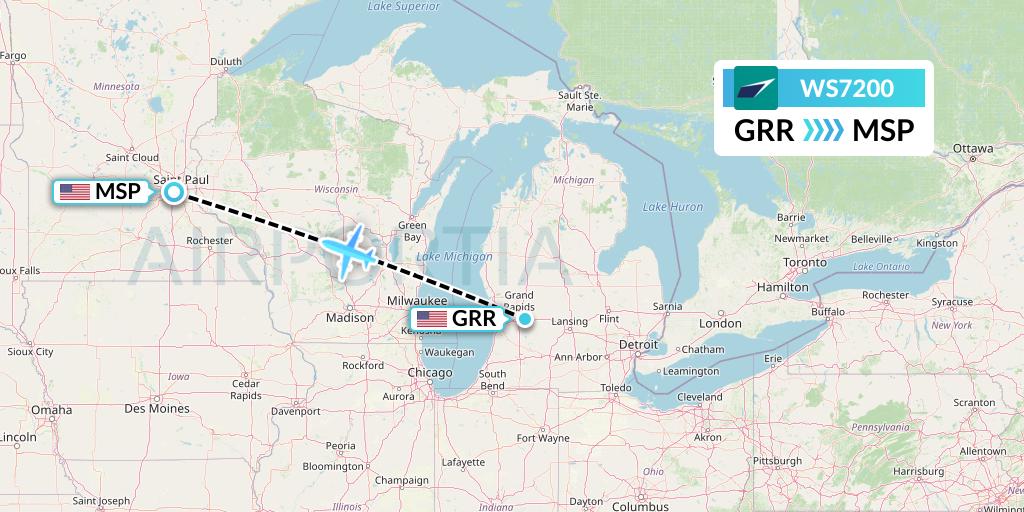WS7200 WestJet Flight Map: Grand Rapids to Minneapolis