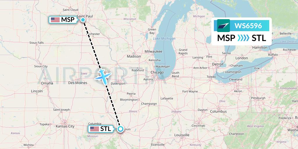 WS6596 WestJet Flight Map: Minneapolis to St. Louis
