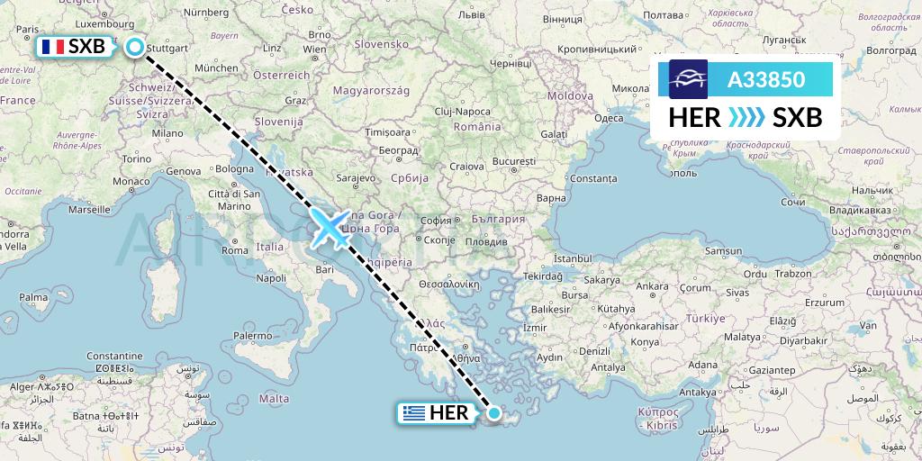 A33850 Aegean Airlines Flight Map: Heraklion to Strasbourg