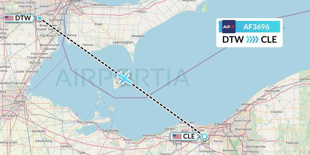AF3696 Air France Flight Map: Detroit to Cleveland