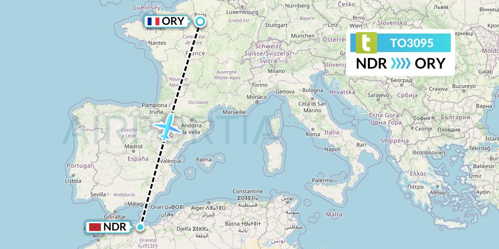 TO3095 Transavia France Flight Map: Nador to Paris