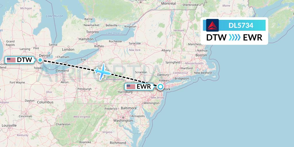 DL5734 Delta Air Lines Flight Map: Detroit to New York