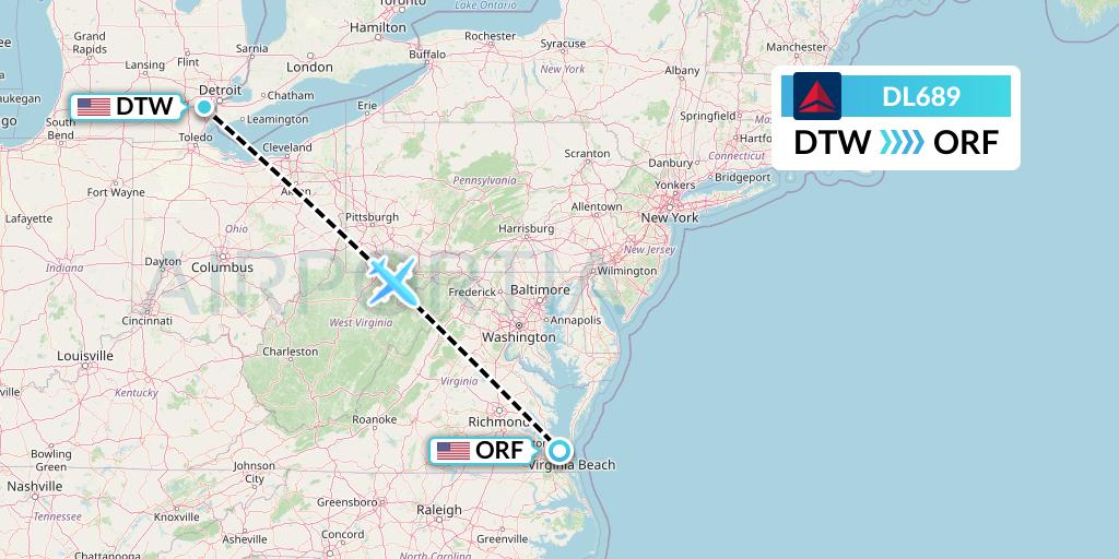 DL689 Delta Air Lines Flight Map: Detroit to Norfolk