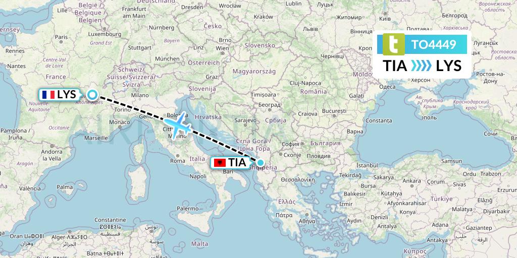 TO4449 Transavia France Flight Map: Tirana to Lyon