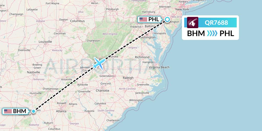 QR7688 Qatar Airways Flight Map: Birmingham to Philadelphia