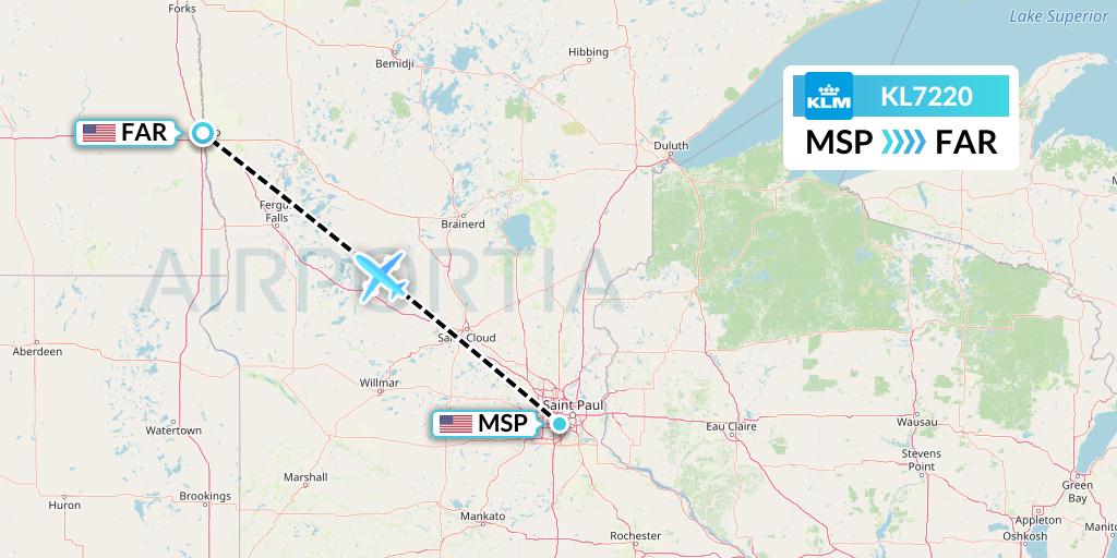 KL7220 KLM Flight Map: Minneapolis to Fargo
