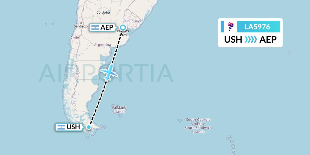 LA5976 LAN Airlines Flight Map: Ushuaia to Buenos Aires