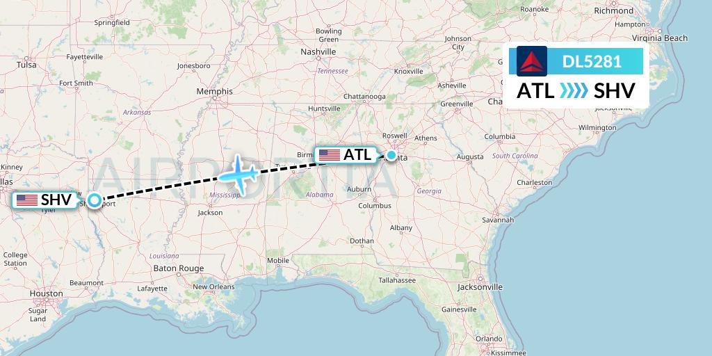DL5281 Delta Air Lines Flight Map: Atlanta to Shreveport