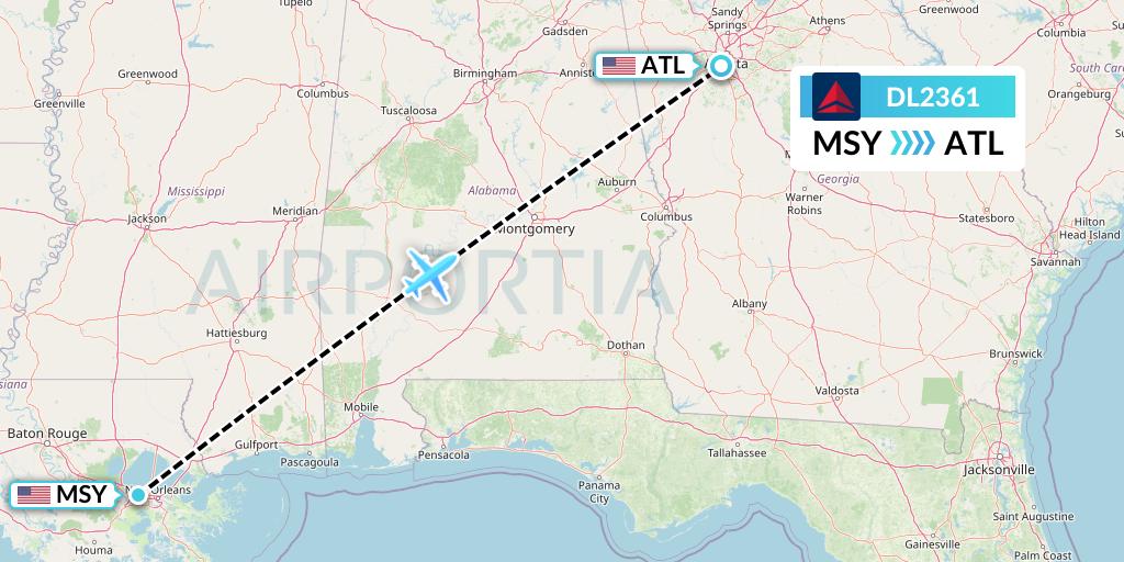 DL2361 Delta Air Lines Flight Map: New Orleans to Atlanta