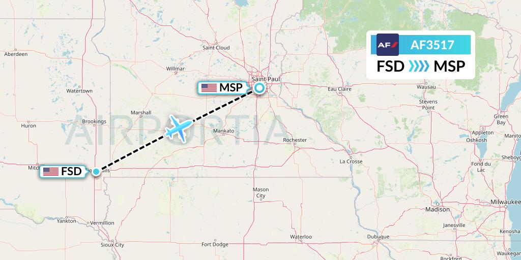 AF3517 Air France Flight Map: Sioux Falls to Minneapolis