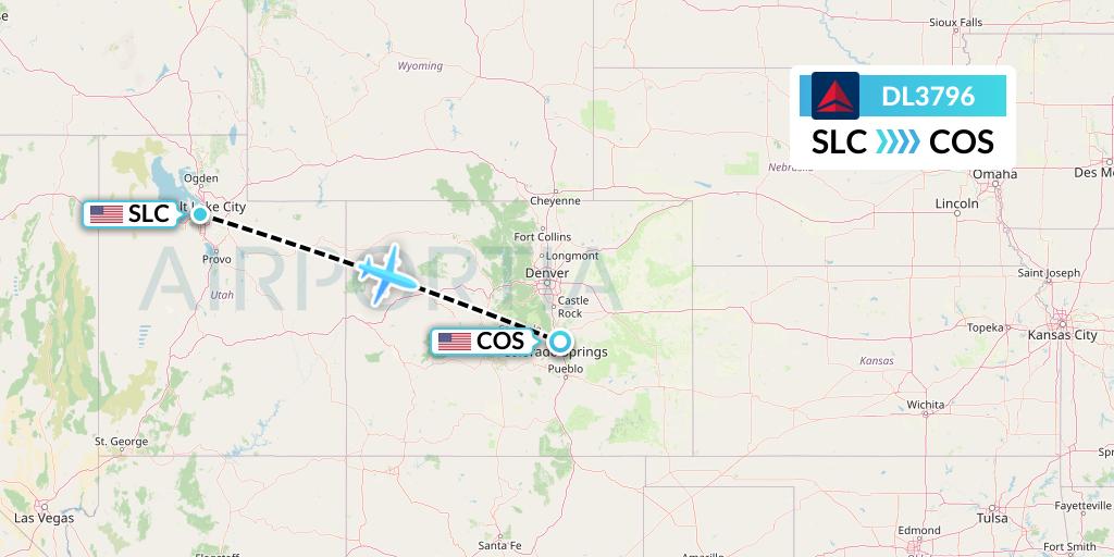 DL3796 Delta Air Lines Flight Map: Salt Lake City to Colorado Springs