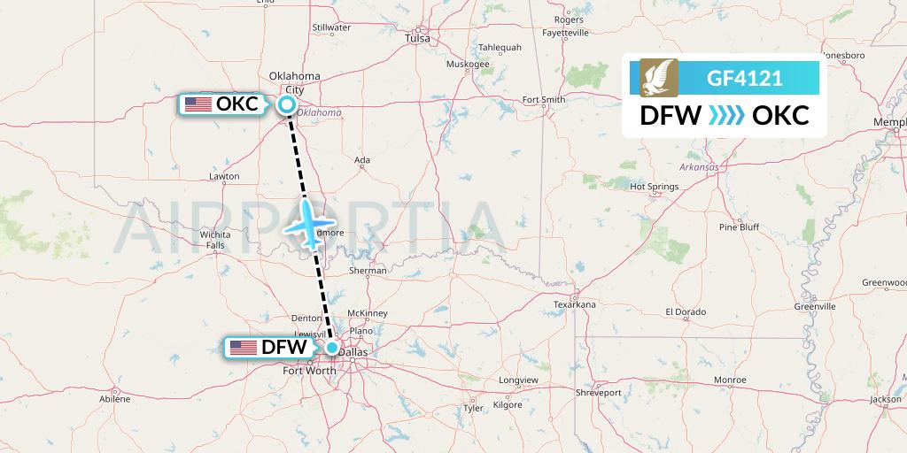 GF4121 Gulf Air Flight Map: Dallas to Oklahoma City