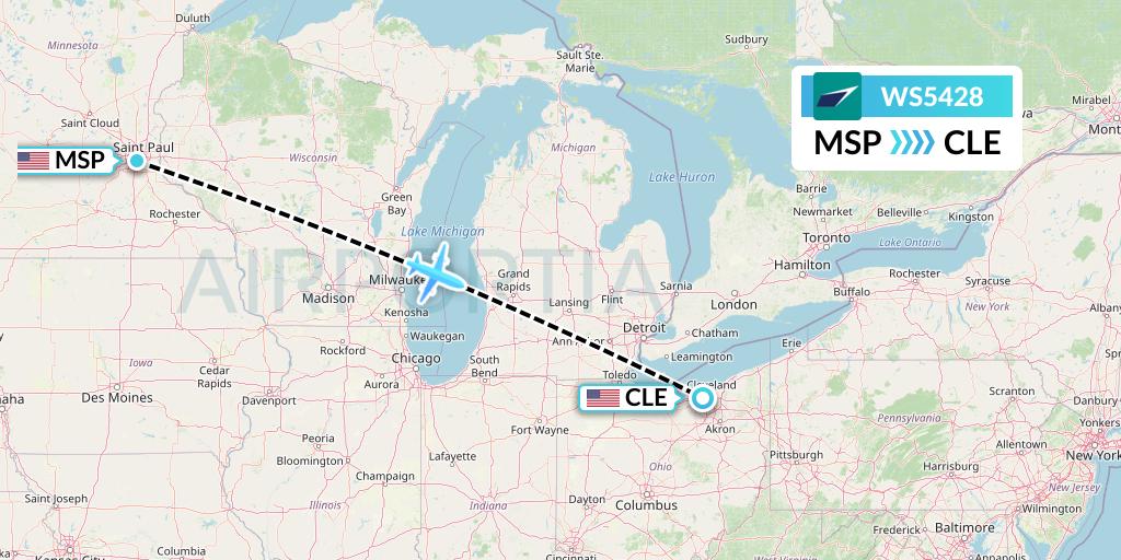 WS5428 WestJet Flight Map: Minneapolis to Cleveland