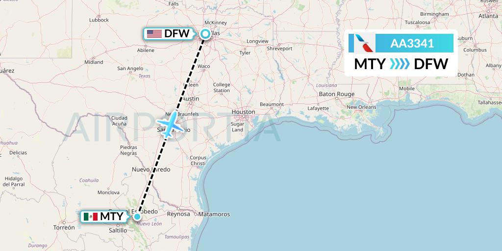AA3341 American Airlines Flight Map: Monterrey to Dallas