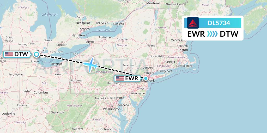 DL5734 Delta Air Lines Flight Map: New York to Detroit