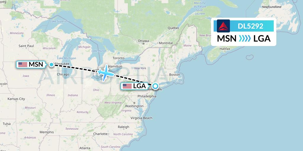 DL5292 Delta Air Lines Flight Map: Madison to New York
