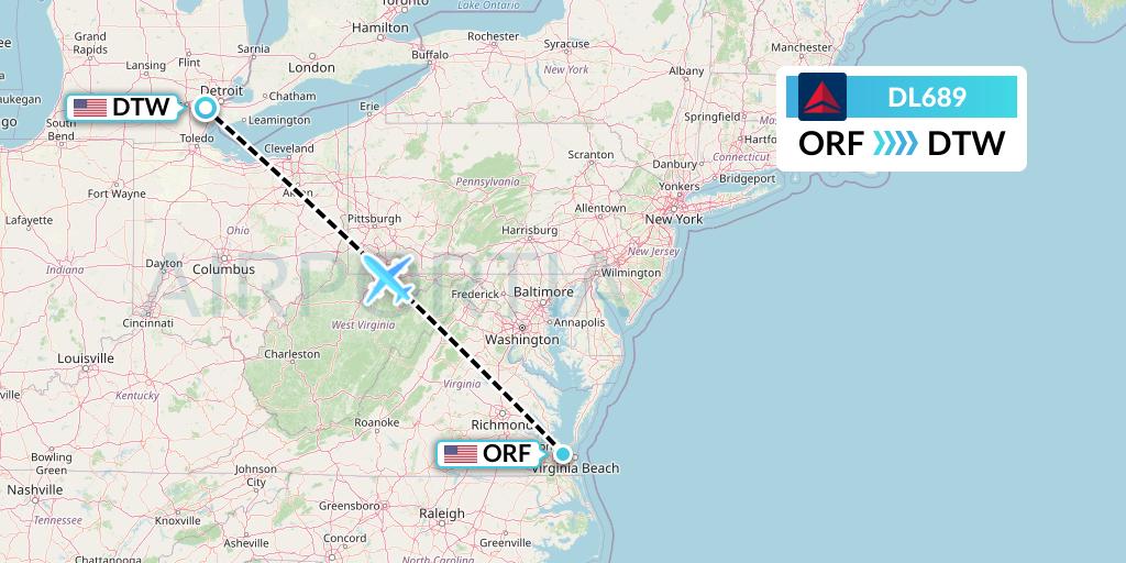 DL689 Delta Air Lines Flight Map: Norfolk to Detroit