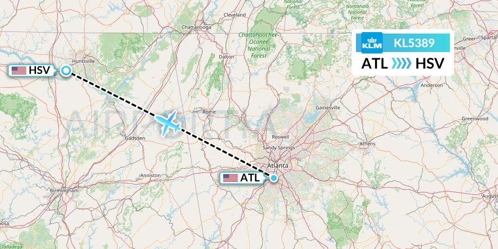 KL5389 KLM Flight Map: Atlanta to Huntsville