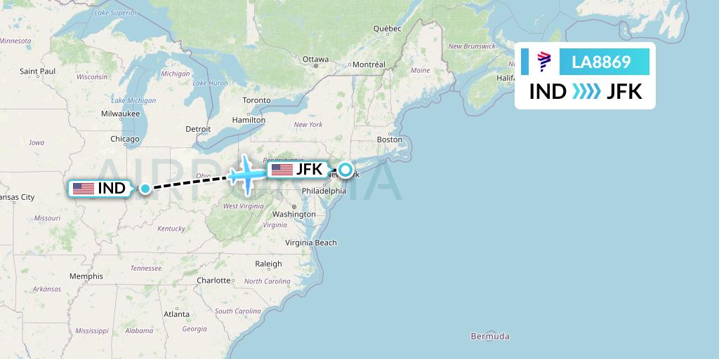 LA8869 LAN Airlines Flight Map: Indianapolis to New York