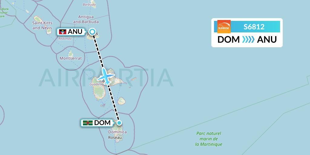 S6812 Sunrise Airways Flight Map: Dominica to Antigua