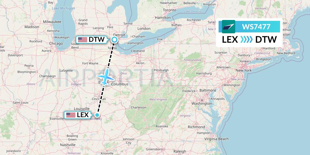 WS7477 WestJet Flight Map: Lexington to Detroit