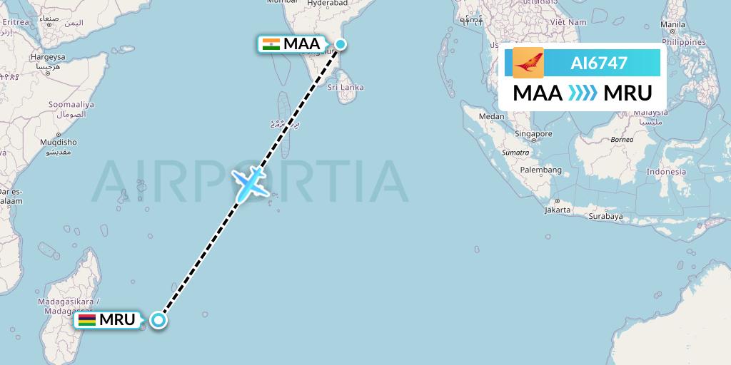 AI6747 Air India Flight Map: Chennai to Port Louis