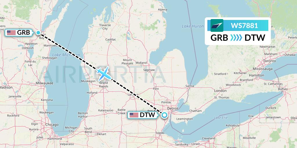 WS7881 WestJet Flight Map: Green Bay to Detroit