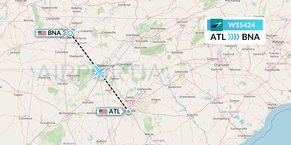 WS5424 WestJet Flight Map: Atlanta to Nashville