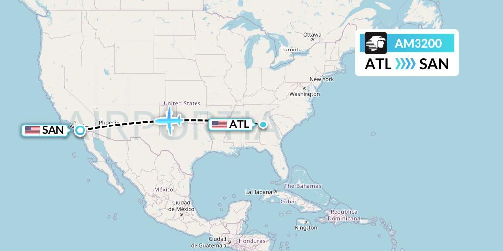AM3200 Aeromexico Flight Map: Atlanta to San Diego