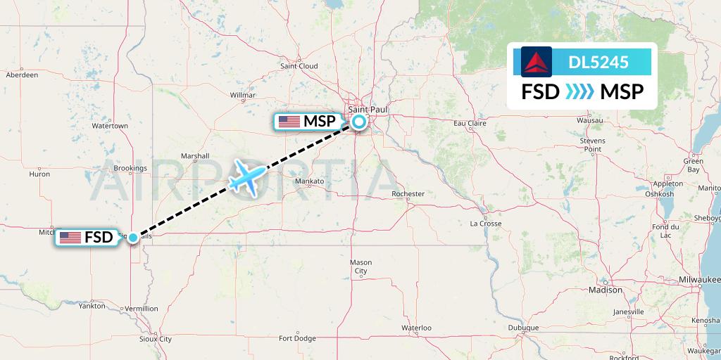 DL5245 Delta Air Lines Flight Map: Sioux Falls to Minneapolis