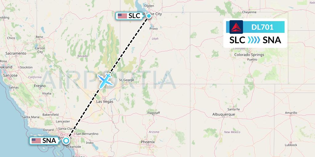 DL701 Delta Air Lines Flight Map: Salt Lake City to Orange County